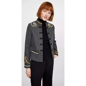 NWT!! ZARA Embroidered‎ Military Jacket Charcoal Gray Gold Braid Buttons Large